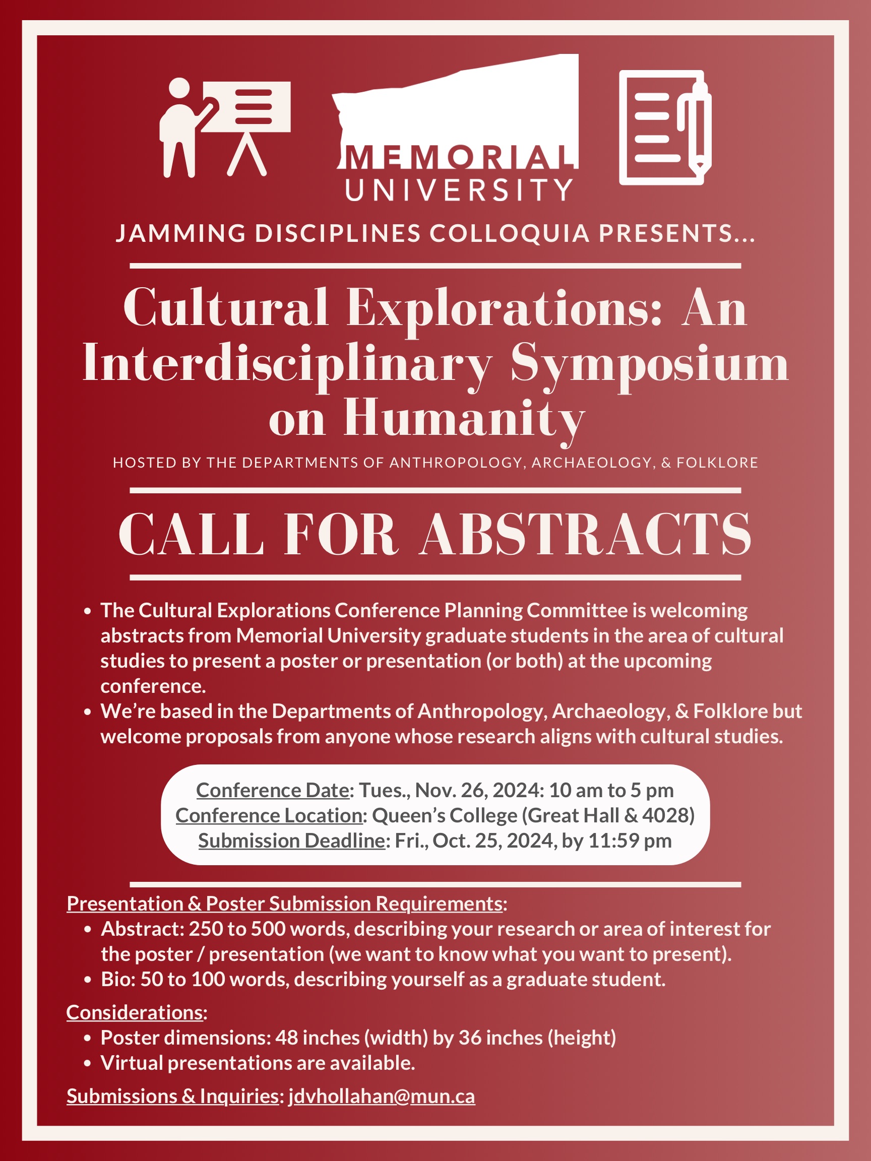 Poster Calling for Abstracts for the Cultural Explorations graduate student conference happening on November 26, 2024, from 10 am to 5 pm.